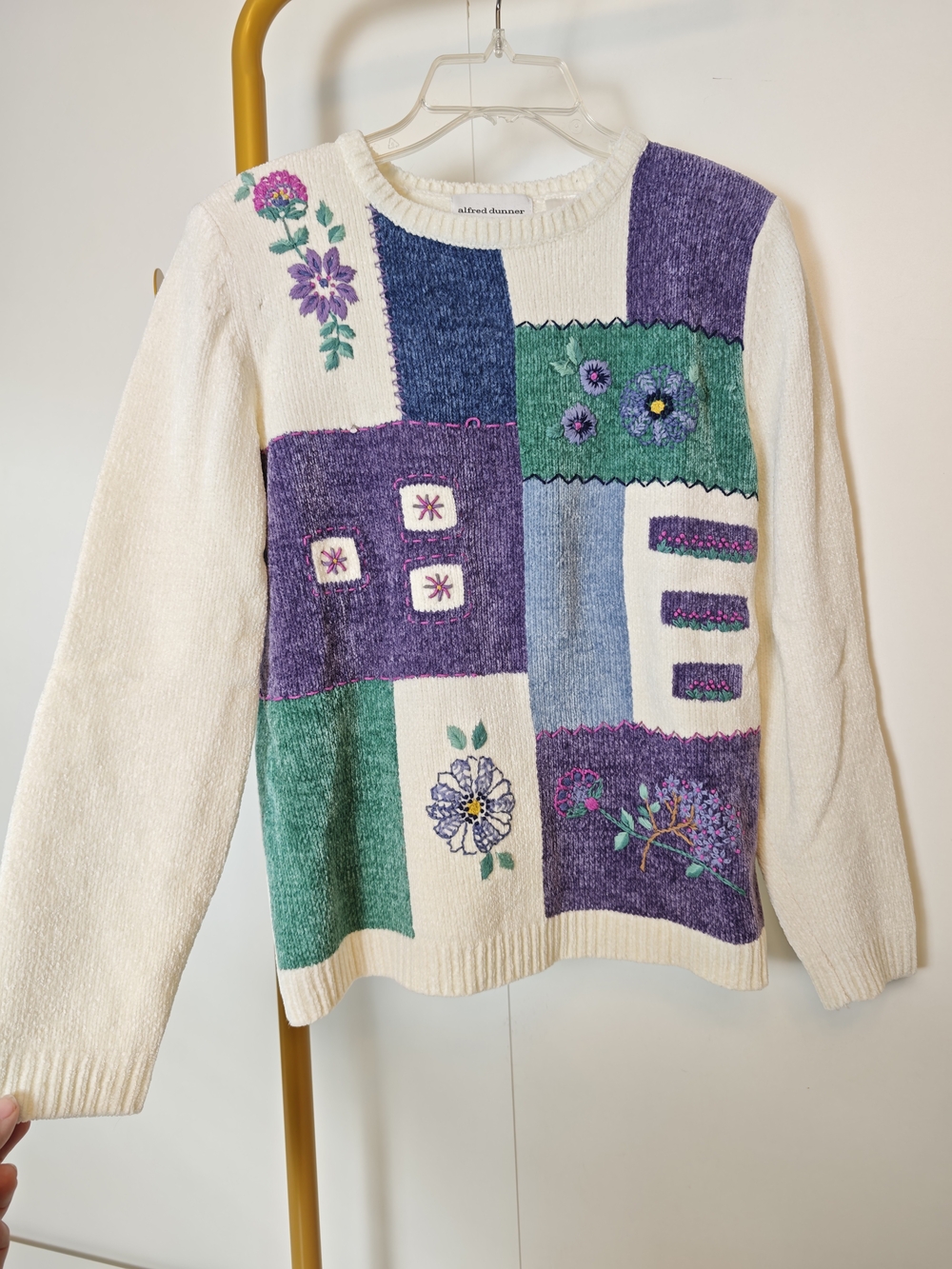 Alfred Dunner Boho Embroidered Floral Patchwork Crewneck Sweater Cream Purple S